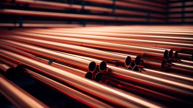 A photo of a neatly arranged row of copper pipes