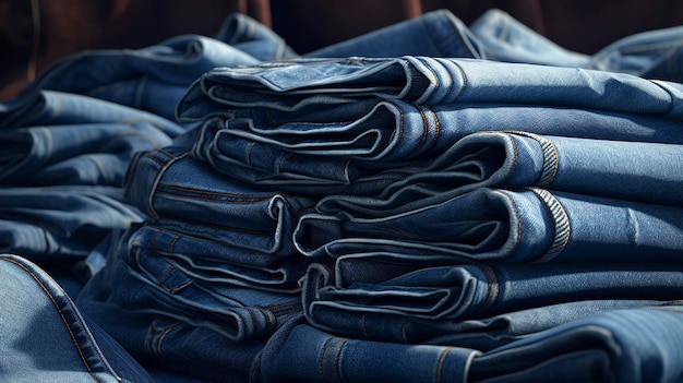 Foto una foto di una pila di jeans denim ben piegati