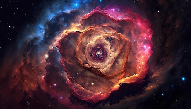 A photo of a nebula with a flower in the center