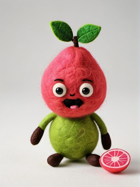 Photo of a needlefelted cartoon costa rican guava character isolated on a white background