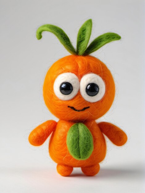 Photo of a needlefelted cartoon kumquat character isolated on a white background