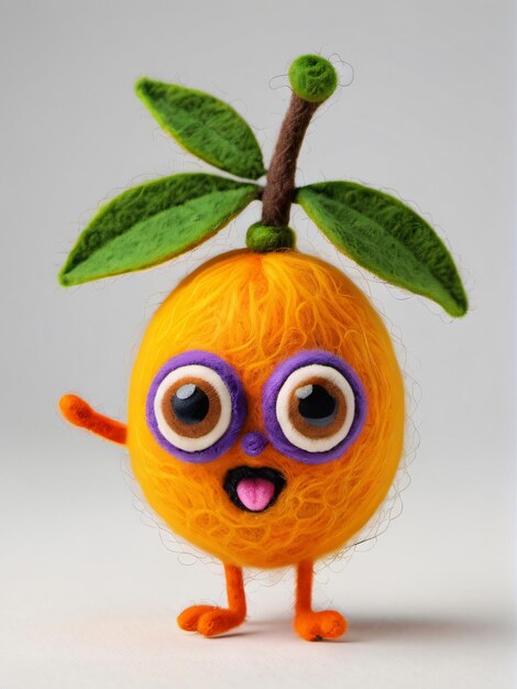 Photo of a needlefelted cartoon sweet granadilla character isolated on a white background