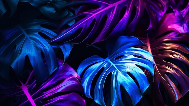 ネオンカラーのトロピカルなモンステラの葉の背景の写真