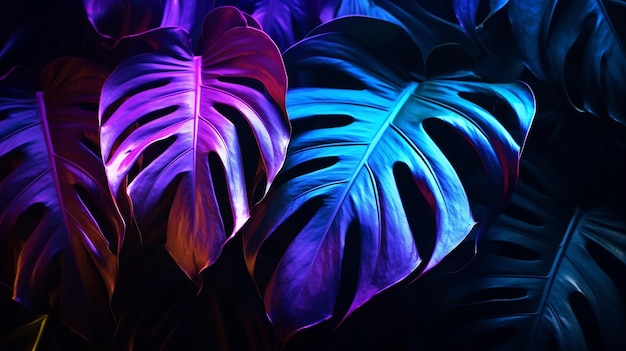 Photo of neon color tropical monstera leaf backgrounds