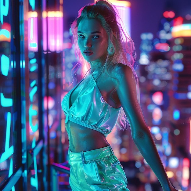 Photo of a neon girl on night city