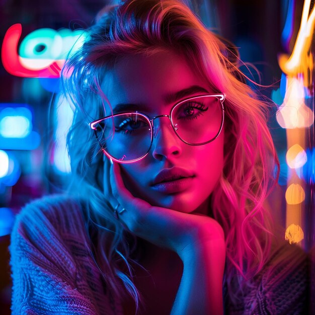 Photo of a neon girl on night city