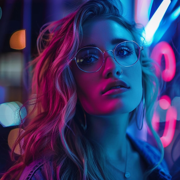 Photo of a neon girl on night city