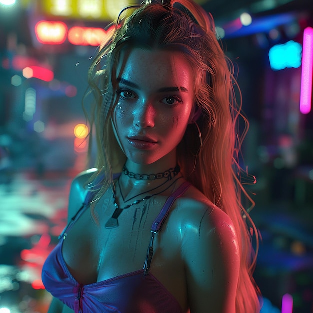 Photo of a neon girl on night city