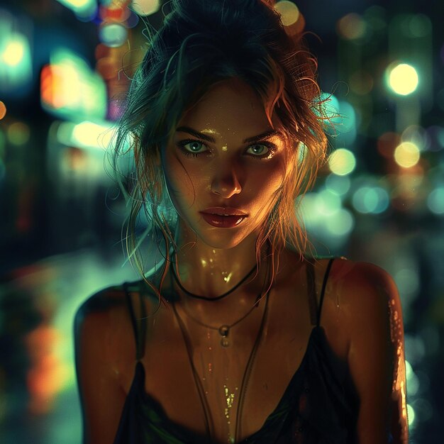 Photo of a neon girl on night city