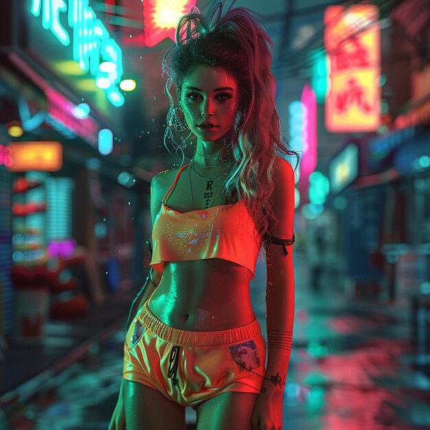 Photo of a neon girl on night city