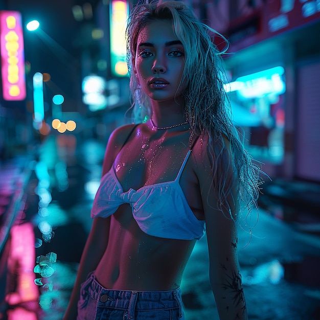 Photo of a neon girl on night city