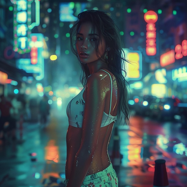 Photo of a neon girl on night city