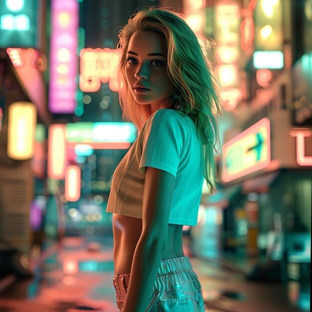 Photo of a neon girl on night city