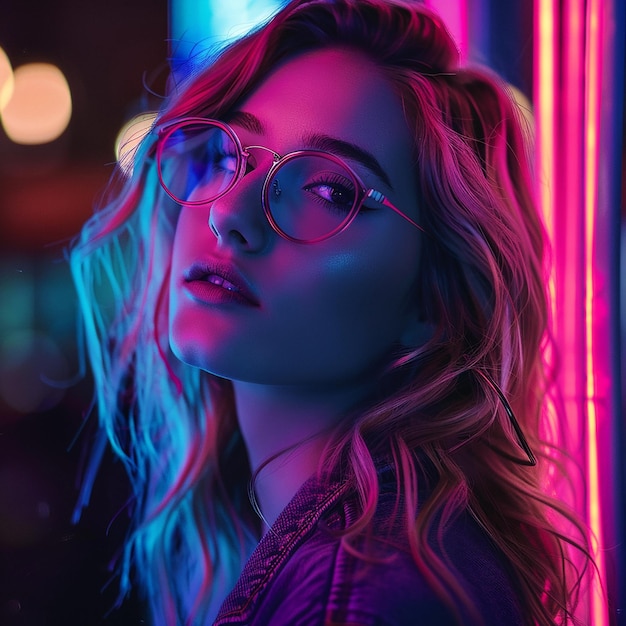 Photo of a neon girl on night city