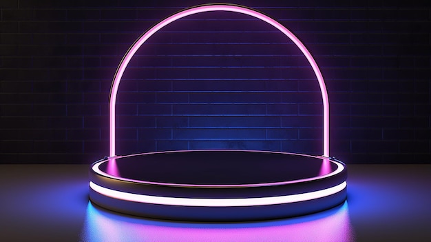 Photo of neon podium light empty podium stage for product display mockup