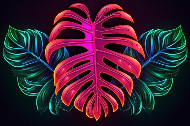 Foto banner a foglia di monstera tropicale al neon