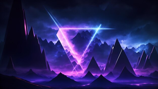 Photo of a neonlit futuristic mountain landscape with a prominent triangular shape