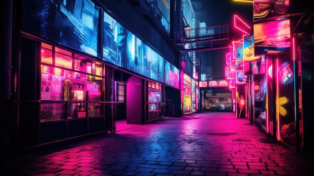 A photo of a neonlit music venue urban backdrop