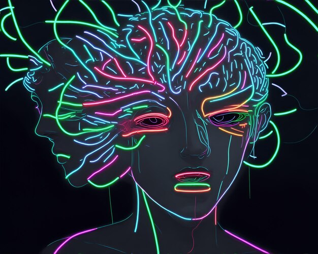 Photo of a neonlit sculpture of a woman's head symbolizing the power of the human brain