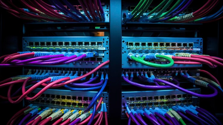 A photo of a network cables organized in a data close