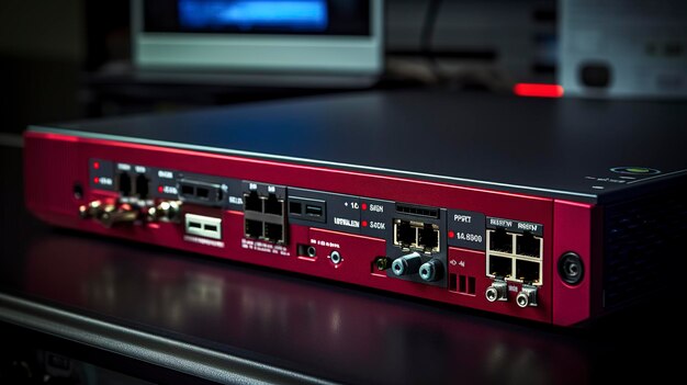 Photo photo of a network firewall or security appliance with a focus on the status indicators and ports