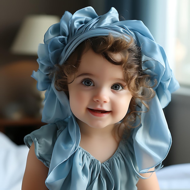 photo of a new born baby wearing a cute blue babydress colourful photography