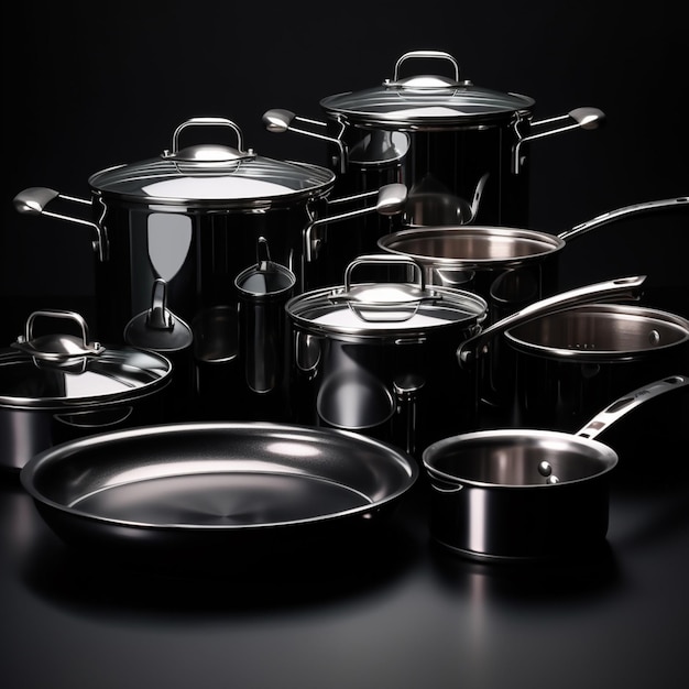 Photo new cookware on black background front view