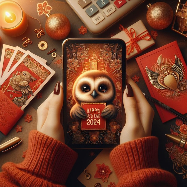 Photo of New Year Chinese 2024 holding red envelopes Ai generate