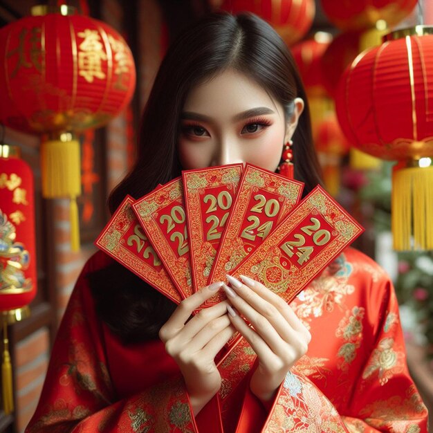 Photo of New Year Chinese 2024 holding red envelopes Ai generate