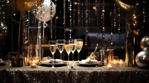 A photo of a New Years Eve party with sparkling decorations champagne glasses