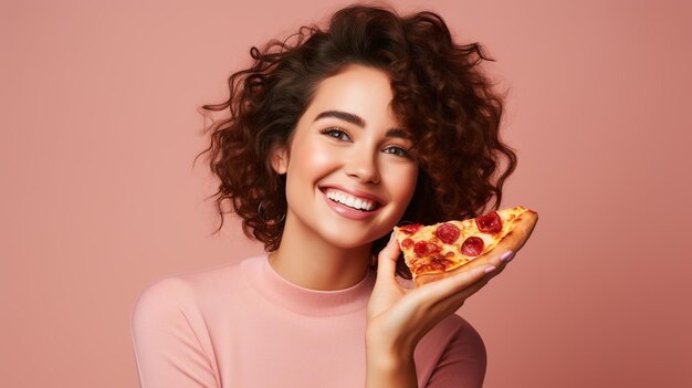 photo nice woman eating a slice of pizza generated by AI