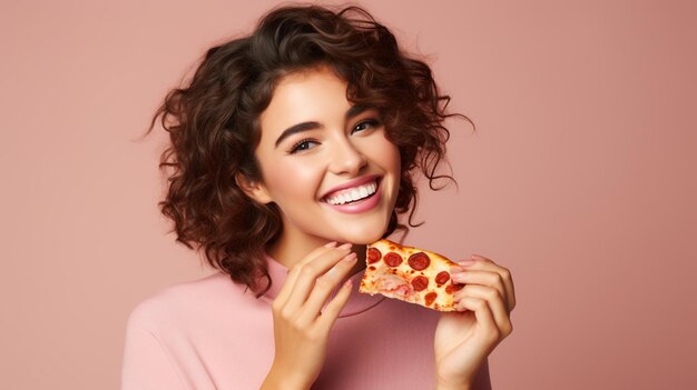 photo nice woman eating a slice of pizza generated by AI