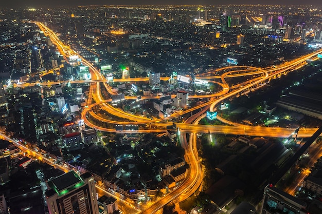 Photo at night on Baiyoke Tower 2 is a beautiful Aerial view highway interchanged night view long exposure of Bangkok