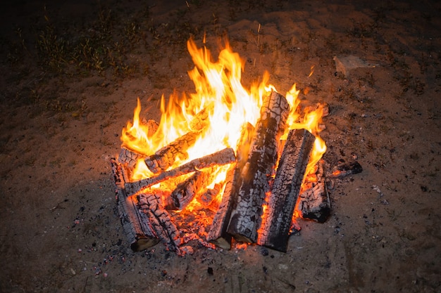 Photo of a night bonfire against a dark background flames\
scatter sparks in all directions brightly ...