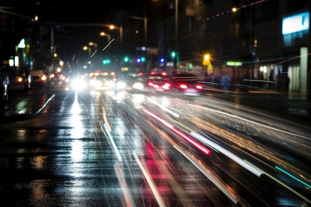 夜の街の明かりと車のスピード違反の写真 背景のボケ味 生成 AI