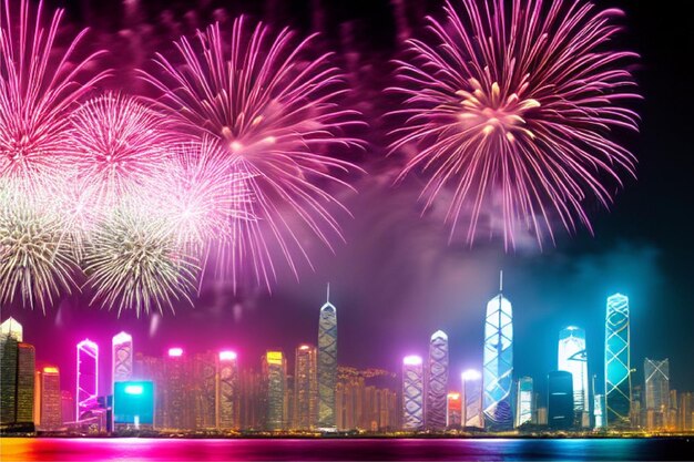 Photo the night modern city with colorful fireworks