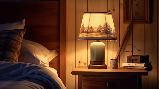美しいナイトテーブルランプのインテリアを備えた夜間のベッドルームの写真