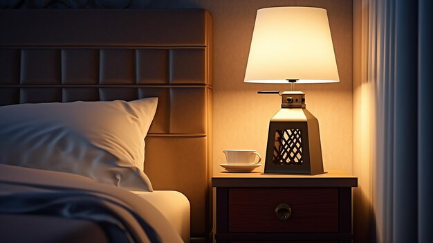 Photo of night time bed room inside with beautiful night table lamps interior