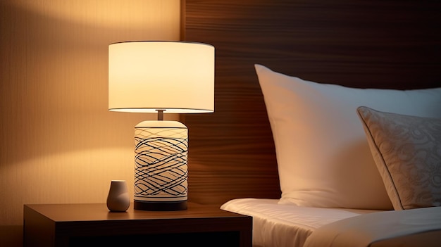 Photo of night time bed room inside with beautiful night table lamps interior