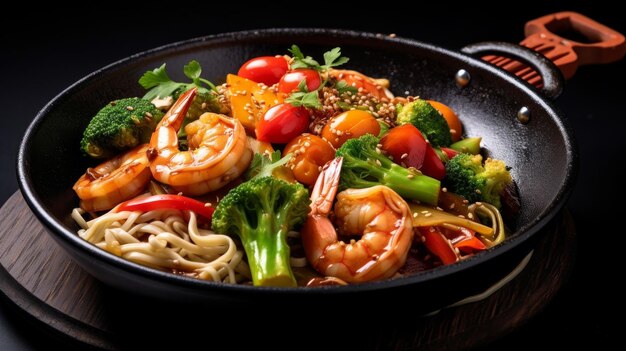 Photo of a noodles with veggies and shrimps in a black platter generated ai