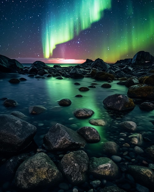 A photo of the northern lights above a rocky beach.