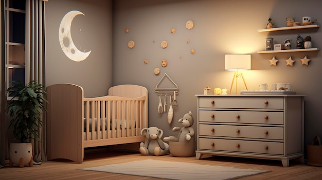 A photo of a nursery with a crib changing table and decor