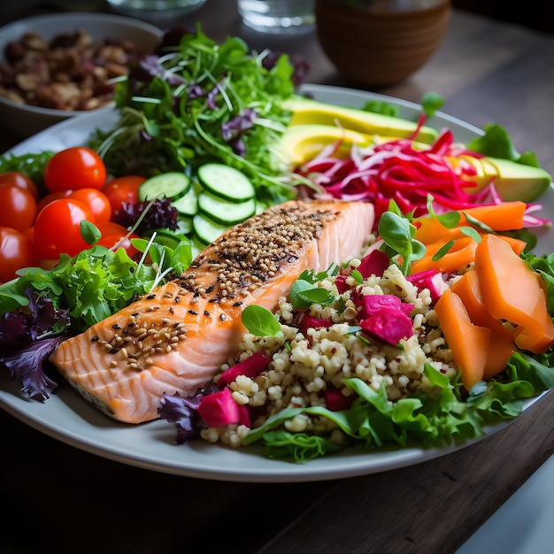 a photo of a nutritious and healthy lunch The image shows a colorful plate with fresh vegetables