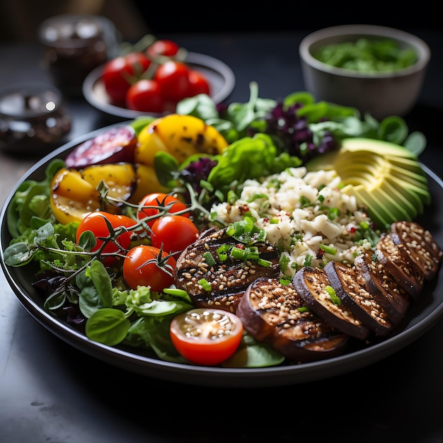 a photo of a nutritious and healthy lunch The image shows a colorful plate with fresh vegetables