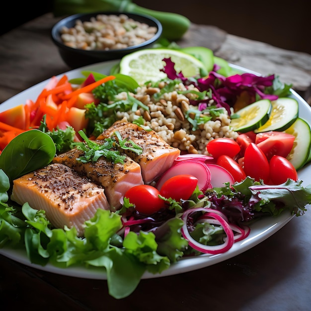 a photo of a nutritious and healthy lunch The image shows a colorful plate with fresh vegetables