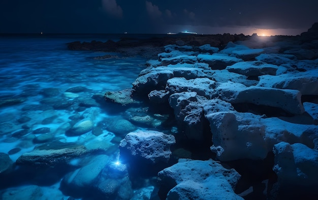 A photo of the ocean at night with the lights on