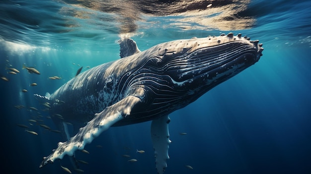 фотография кампании по загрязнению океана с плаванием китов и плавающими пластиковыми пакетами, созданная ИИ