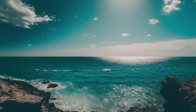 A photo of the ocean and the sky with clouds