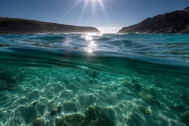 A photo of the ocean and the sun