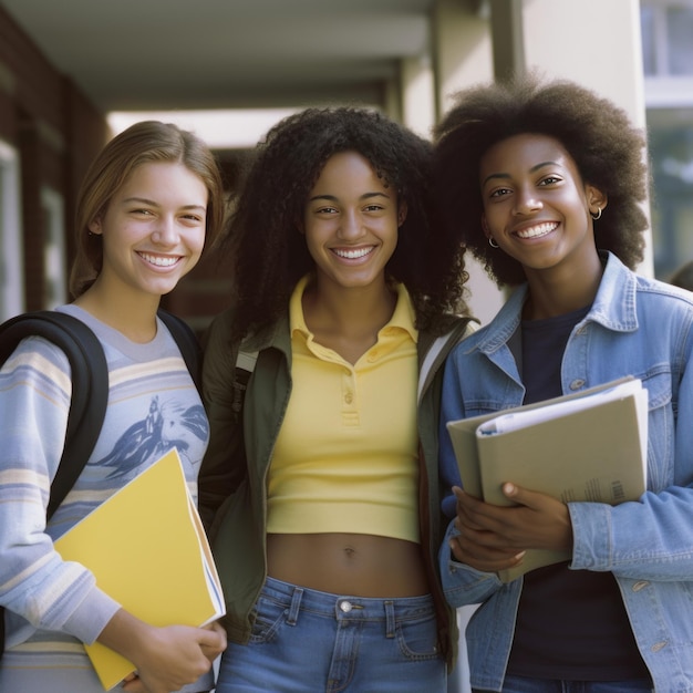 写真 生成 ai を見て微笑む 3 人の大学生の写真